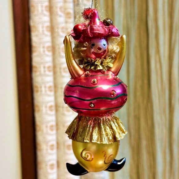 Clown Jester Blown Glass Christmas Ornament Painted Pink Gold 6 Inches (1) - Picture 1 of 8
